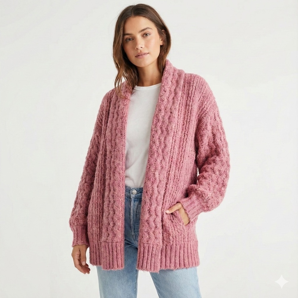 Anthropologie Chunky Cable Knit Open Front Cardigan Size L